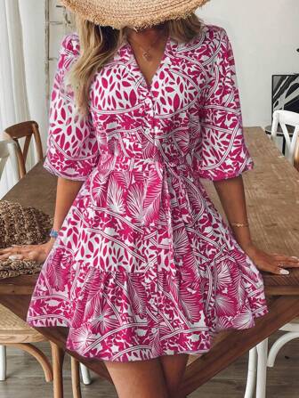 Women's Plant Print Lantern Sleeve Dress, Suitable For Summer