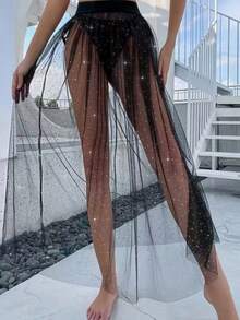 1 件女士闪亮沙滩长裙，性感黑色网眼覆盖裙，适合秋季女士服装 - A - 查看 3