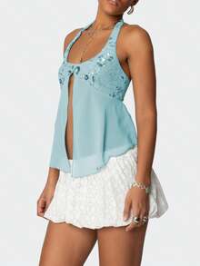 Women Y2K Halter Top Summer Sequin Beaded Crop Tank Tops Sheer Mesh Split Hem Tie Up Backless Sleeveless Cami Deep V Neck Open Back Vest Tops Slim Fit Floral Embroidery Shirts Sexy Going Out Coquette Tops Club Streetwear Fairy Grunge Aesthetic Clothes Outfit - 藍色 - 查看 4