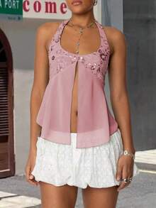Women Y2K Halter Top Summer Sequin Beaded Crop Tank Tops Sheer Mesh Split Hem Tie Up Backless Sleeveless Cami Deep V Neck Open Back Vest Tops Slim Fit Floral Embroidery Shirts Sexy Going Out Coquette Tops Club Streetwear Fairy Grunge Aesthetic Clothes Outfit - Hồng - Xem 1