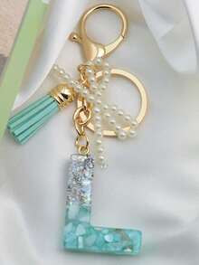 1 pièce Porte-clés avec lettre initiale, pendentif bicolore en résine, porte-clés minimaliste à la mode avec faux perle. Accessoire pour voiture, sac, sac à dos pour l'école, accessoires gothiques Y2K, idées de cadeaux pour la Fête des enseignants, Noël, accessoires pour sœur - Lac Bleu - Voir 28