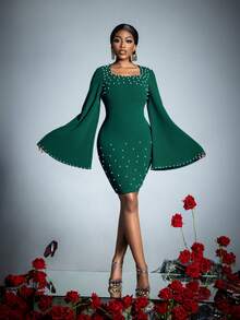 Elegant Solid Color Party Dress, Adorned With Pearl Accents And Cape Sleeves - Perfect For Weddings, Red Carpet Events, Luxury Galas, Festivals, And Cocktail Parties - Dark Green - View 3