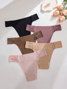 5pcs/Pack Women's Lace Patchwork Breathable Seamless Bikini Panties, Sexy & Comfortable