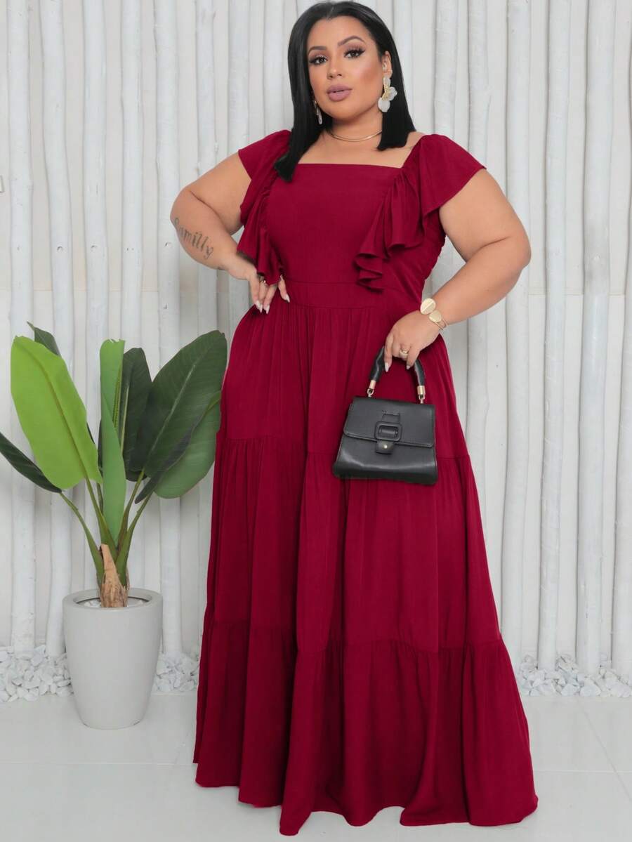 Plus Size Long Dress With Ruffle On The Shoulder - Burgundy - View 1