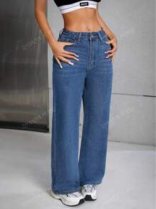 Pantalones de mezclilla sueltos con efecto desgastado, lavado liso, estilo casual, cierre de cremallera y botón, para mujer.