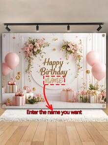 1 pièce Bannière d'anniversaire élégante avec fleurs et texte personnalisable en or rose - en polyester, réutilisable sans alimentation électrique, convient pour photobooth, décors de fond, célébrations intérieures et extérieures, décorations de fête polyvalentes pour toutes les occasions, trois tailles au choix ! Multi-fonctionnel, ornemental, lettrage, élégant, moderne, coloré, mignon, décontracté, personnalisé, unique, cadeau idéal pour lui ou elle