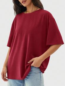 Speed mate Women's Solid Color Round Neck Loose Casual T-Shirt - Burgundy - View 4