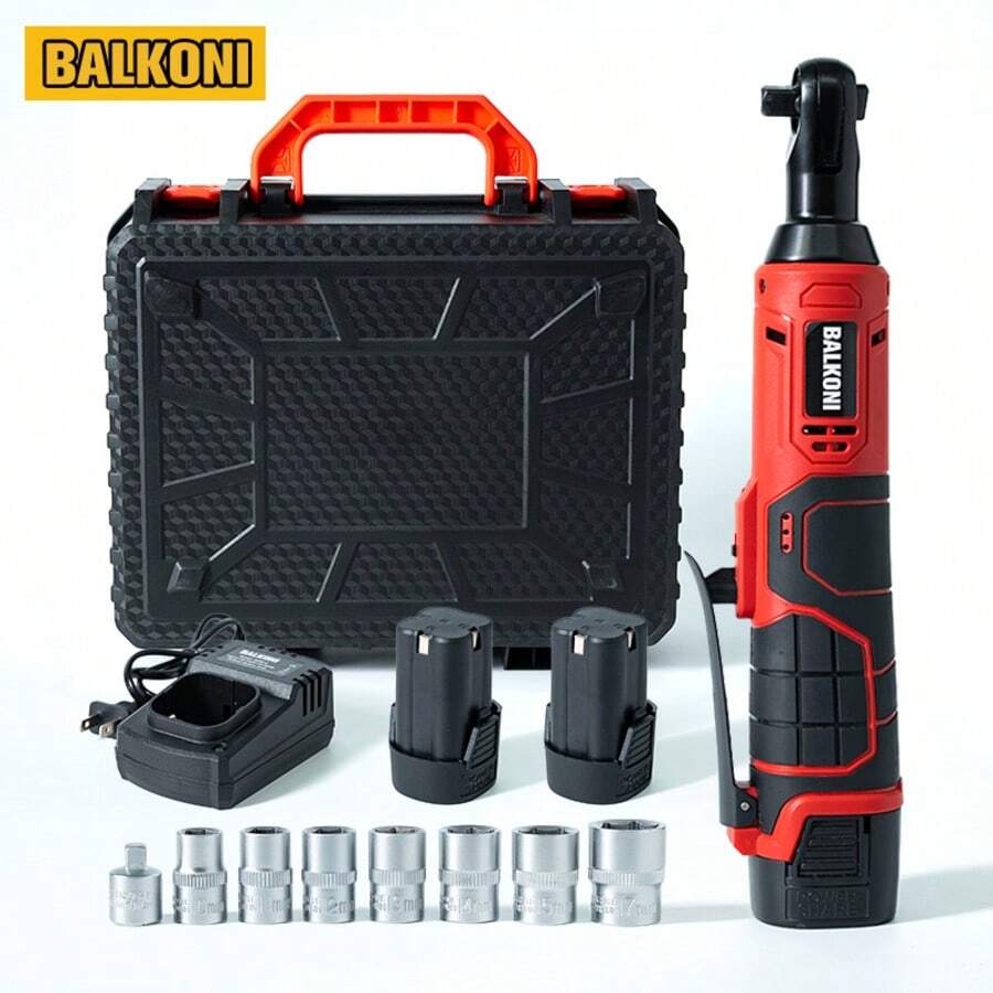 16.8V, 50N.M, 40 Ft-Lbs Torque, 3/8", BALKONI Cordless Electric Ratchet Wrench Set, Power Ratchet Wrench Tool Kit With 2 Packs Of Long Life 2.0 Ah Li-Ion Battery, A Charger And 7 Sockets Included