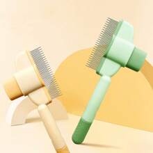 1pc Self-Cleaning Cat Brush - Stainless Steel Dual Length Flea Comb & Deshedding Tool With One-Click Release Button, Rust-Resistant Light Beige, Removes Loose Hair & Prevents Shedding, Ergonomic Handle Design, Medical-Grade Stainless Steel Material