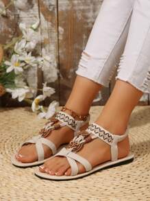 Fashion Woven Breathable Sandals, Beaded Design Flat Beach Sandals, New Stretch Band Beige Sandals