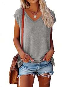3 piezas Camisetas de manga corta con cuello en V liso, ropa casual de mujer para primavera y verano