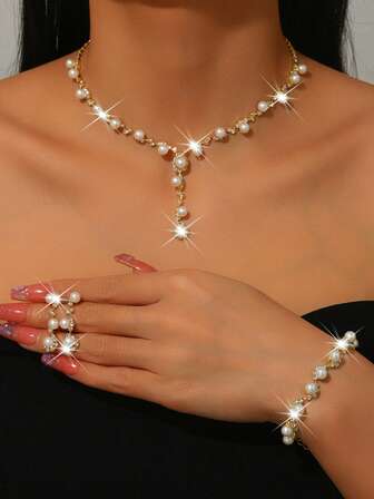 优雅奢华婚礼珠宝套装 - 闪亮水钻和人造珍珠耳环、项链、手链，适合女士，可作为女友/闺蜜礼物（不含盒子）