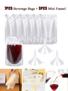 10pcs, 10pcs Plastic Beverage Bags And 3pcs Mini Funnel, Small Transparent Plastic Funnel For Perfume, Transparent Portable Water Bag For Outdoor,Disposable Travel Leak Proof Bag Squeeze Bag,Reusable Sealed Liquid Bag,Used For Storing Alcoholic Beverages, Milk, And Other Beverages, Water Bottle