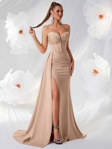 ADYCE Deep V-Neck Rhinestone Decor High Waist Long Tie-Up Open Back Ball Gown Formal Evening Dress, Party Dress, For Wedding Guest - Apricot - View 6