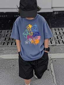 Casual Print Gray & Blue Round Neck Pullover Short Sleeve T-Shirt For Boys & Teenagers, Summer - Dusty Blue - View 7