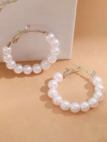 1 Pair Elegant Round Pearl Hoop Earrings, Summer Pearl C-Shape Dangle Earrings, In Stock - Multicolor - View 1