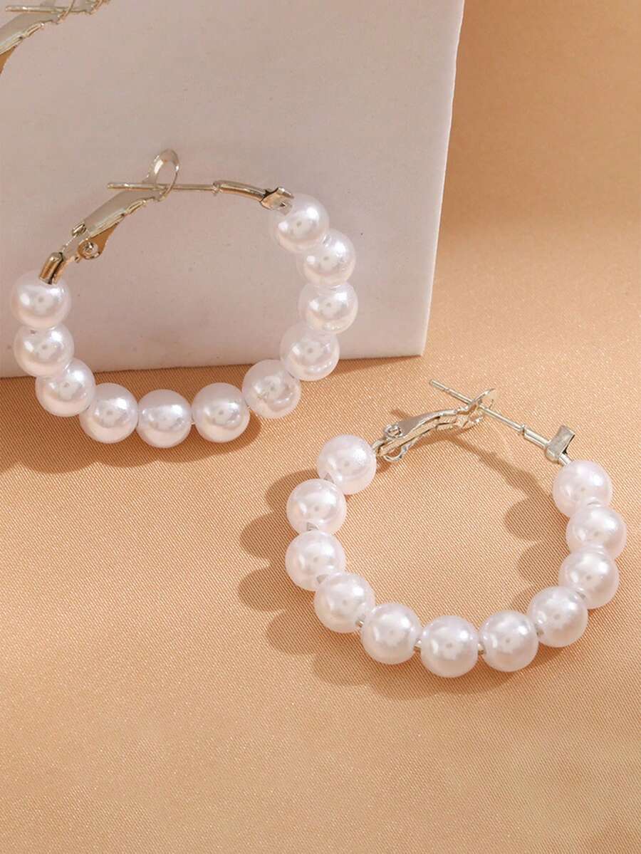 1 Pair Elegant Round Pearl Hoop Earrings, Summer Pearl C-Shape Dangle Earrings, In Stock - Multicolor - View 1