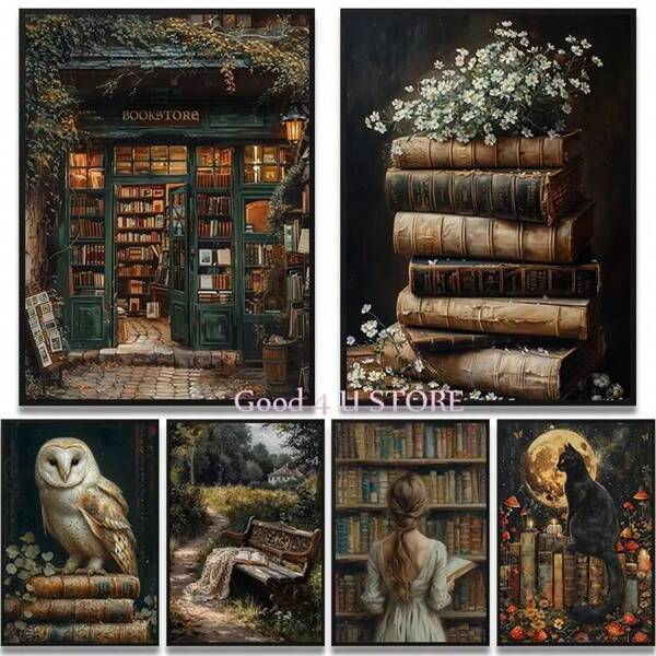 1pc/3PCS Wall Arts Posters Animals Botanical Antique Dark Academy Wind Bookstore Owl And Flower Books Illustration Poster Canvas Painting Wall Art Painting Home Library Decoration Frameless/Framed Canvas Art