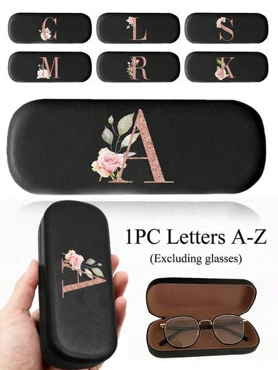 1 peça impressa com flores e letras de A a Z, elegante estojo preto personalizado para óculos de sol para homens e mulheres - protetor de óculos de concha rígida com forro macio e resistente ao desgaste, adequado para óculos de grau e vários acessórios de óculos para mulheres - organizador portátil para óculos e miopia para viagens e uso diário, presentes para festas de aniversário (exceto U Q X)