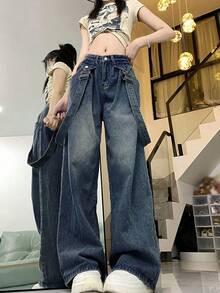 Quần Jeans Ống Rộng Lưng Cao Rộng Có Thể Tháo Rời Dây Đeo Cổ Điển - Rửa tối - Xem 4
