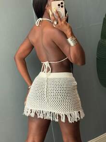夏季海滩风格钩针挂脖上衣和流苏裙两件套 - 白色 - 查看 4