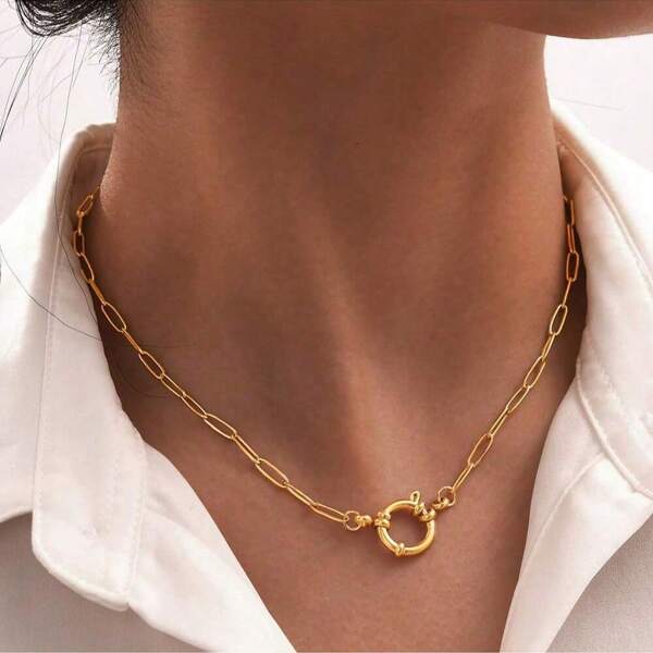 1pc Stainless Steel Large Cross Chain Necklace With Spring Clasp, Minimalist Accessory Necklace Suitable For Women's Daily Wear