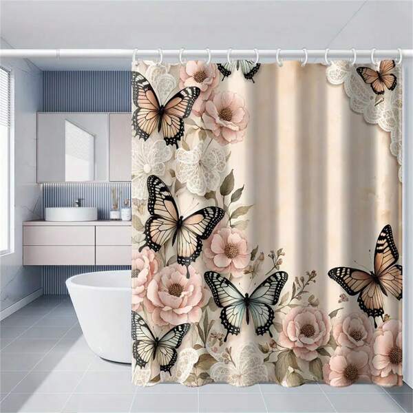 1 pieza Cortina de ducha con estampado de mariposa rosa - 100% tela de poliéster, lavable a máquina, decoración de baño para todas las estaciones, diseño floral y de mariposa vibrante para baños modernos, cortina de fácil instalación, decoración de baño, accesorios escolares