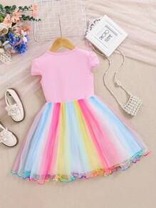 coviviky Vestido de princesa soñadora para niña con estampado de unicornio y flores, de manga corta, hasta la rodilla, con decoración de tul y arcoíris, para el verano