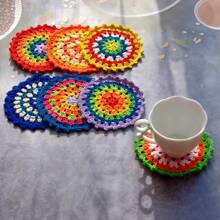 2/7 Peças Porta-copos de Crochê Feitos à Mão Boêmios, Rendas Redondas Multicoloridas, Jogos Americanos Vazados Resistentes ao Calor, Descansos de Copo e Garrafa de Crochê para Festas, Casamentos, Reuniões de Mesa, Melhor Presente