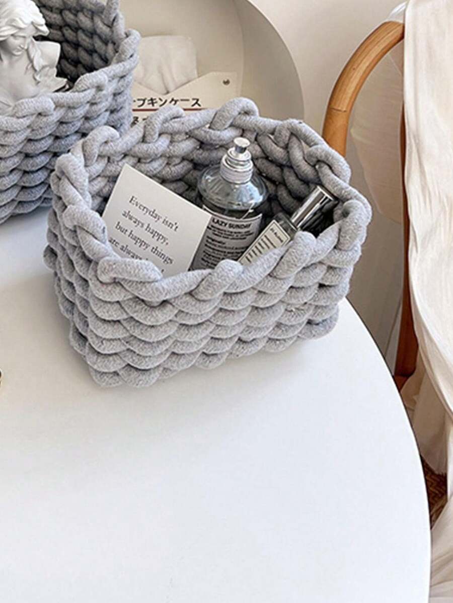 1pc White Handwoven Thick Rope Cosmetic Storage Box For Makeup Brushes And Skincare Products,For Holiday Beach, Bathroom Collection, Bedroom Collection, Large Capacity,Makeup Bag,Travel Essential - CC-gray - View 1