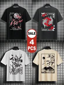 4pcs/Set Men's Casual Street Style Cultural Graphic Short Sleeve T-Shirts, Summer Tee