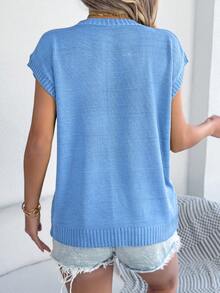 Spring And Summer Women's Casual Vacation Daily Cute Flower Drop Shoulder Loose Knitted Top - 藍色 - 查看 2