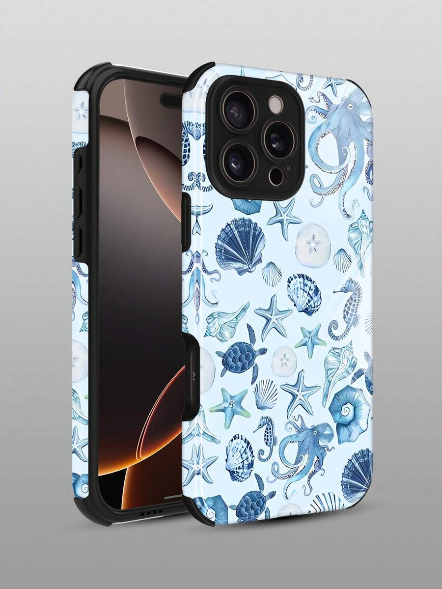 Blue Phone Case Ocean 1pc New Marine Conch & Starfish Pattern Protective Soft TPU + Hard PC 2 In 1 Shock-Proof Case Compatible With Apple 16/16Plus/16Pro/16ProMax Waterproof Anti-Fall Scratch Resistant - Multicolor - View 1