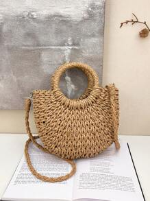 Sac en paille tressé de style simple Ins, en demi-cercle. Sac fourre-tout de plage fait main pour femmes, idéal pour les vacances