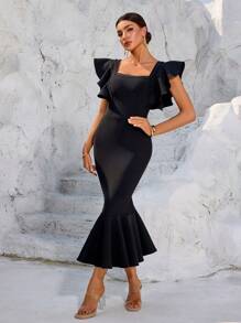 Bernatova Vestiti a tubino neri sexy da donna con balze, per cocktail a coda di sirena, per la primavera/estate. Vestiti da sera midi a fascia per celebrità, a lunghezza media, adatti per feste di nozze, cerimonie di premiazione, festival, compleanni, cene