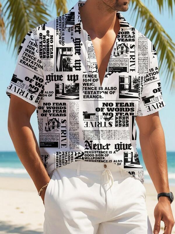 Camisa de manga corta casual de hombre con estampado de tiburón, de verano