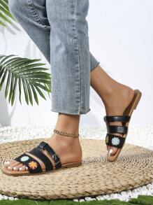 Sandalias de estilo bohemio de piel de poliuretano bordadas para playa, hogar y oficina