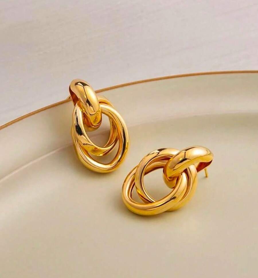 Pair Of Oval Organic Twisted Earrings Elegant Sophisticated Women Fashion Party Work Gift - 金色 - 查看 1
