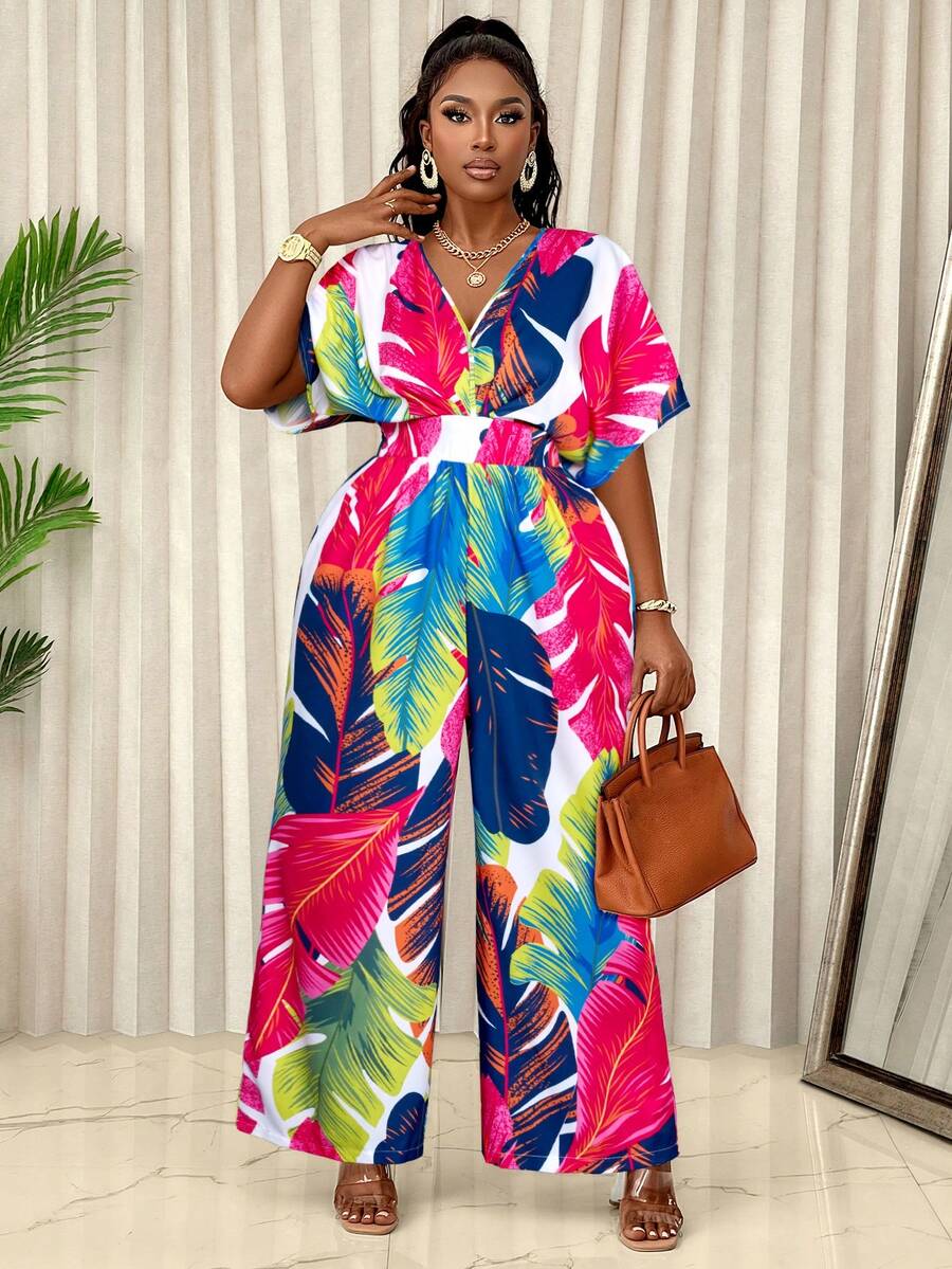 BIUBIU Plus Size V-Neck Leaf Print Loose Waist Jumpsuit, Random Floral Pattern - Hot Pink - View 1