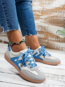 New Ladies Lace-Up Round Toe Flat Shoes, Burgundy/Blue/Black, Casual Sport Shoes For Spring/Autumn Season, Comfortable Flats For Commuting, Shopping, Gathering, Elegant Personalized - Blue - View 5