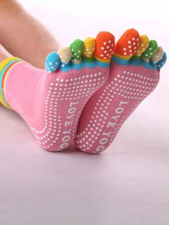 1 Pair Women's Yoga Five Finger Non-Slip Grip Socks, Breathable Mid-Calf Sports Socks For Indoor Workout
