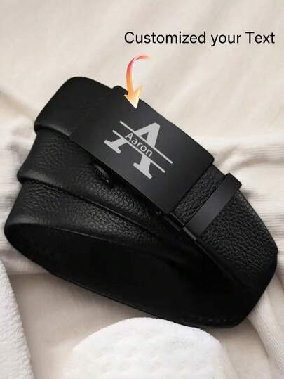 1pc Customized Text Personalized Faux Leather Belt For Men, Engraved Name & Initial, Fashionable Black Color, Textured Design, Durable Metal Buckle, Ideal Personalized Gift For Husband, Dad, Boyfriend Or Groomsman, Special Occasion Belt With Quality Craftsmanship