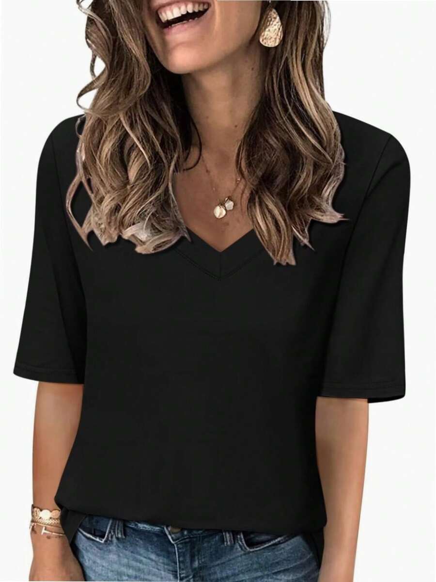QUEENTI Women's Casual Short Sleeve Slim Basic Blouse - 黑色 - 查看 1