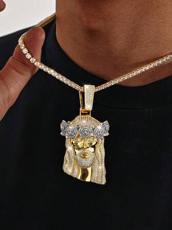 1pc Hip Hop Men's Bling Jesus Head Pendant Necklace - Plated 20" 4mm Cubic Zirconia Tennis Chain, Full CZ Stones, Streetwear Religious Jewelry For Rappers