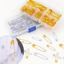 150pcs/Box High Quality 5 Size Safety Pins, Best Sewing Accessory Kit For Crafts And Arts, Assorted Large/Medium/Small Size Pins In Gold And Silver Colors, DIY Handmade Safety Pin Tool Set
