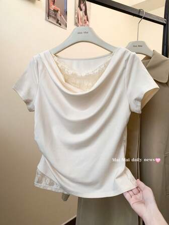 女式春季蕾丝拼布垂坠领口露肩荷叶边腰部二合一短袖上衣