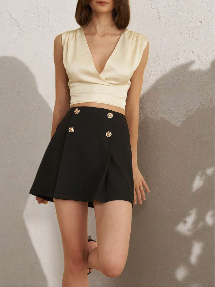 Women's Minimalist Button Front Decor Casual Solid Color Mini Skirt, Y2K Fashion Simplistic Summer Skirt