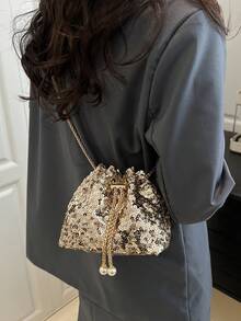 Women's Shiny Fashionable Street Style Drawstring Bucket Bag With Chain Strap Crossbody Bag - Gold - View 4