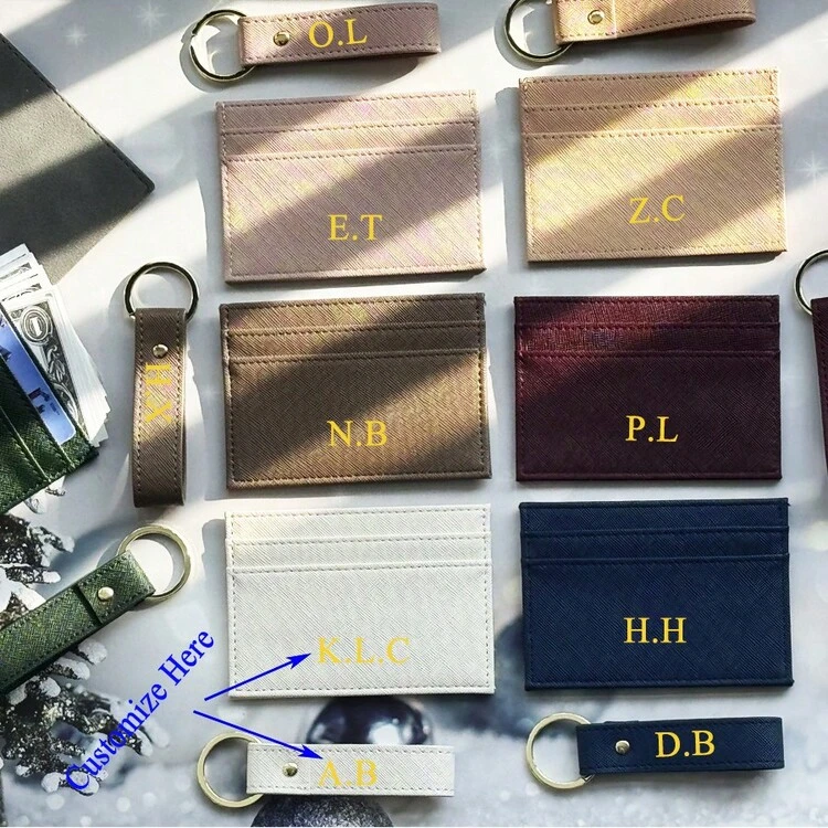 Customized Letter/Name 1set Solid Color Cross Pattern PU Leather Universal Ultra-Thin Credit Card Clip Card Leather Keychain Gift Box Set Christmas Gift, Birthday Gift, Personalized Customized Wallet, Car Keychain Set Gift - Pink - View 3