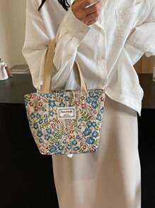 1pc Floral Print Canvas Tote Shoulder Bag, Portable Storage Commuter Bag Student Large Capacity Tote Bag, Embroidered Flower Shoulder Bag, Waterproof Canvas Travel Shoulder Bag, Suitable For Office, School, Travel, Mothers Going Out To Class Commuting Large Capacity, Portable, Suitable For Female College Students, Very Suitable For Back To School, First Day Of School, Middle School, High School, Shopping, Vacation